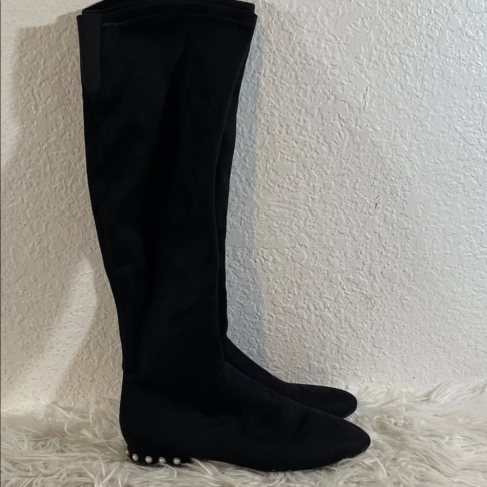 IVANKA TRUMP Black Suede Knee High Boots With Pearls Heel Size 9